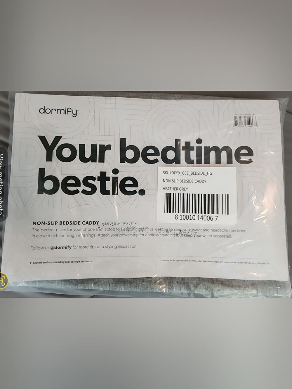 DORMIFY BEDSIDE CADDY HEATHER GREY NWT